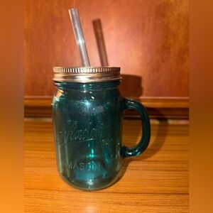 Aladdin Plastic Mason Jar 16 oz Teal with Straw And Silver Lid-NEW!